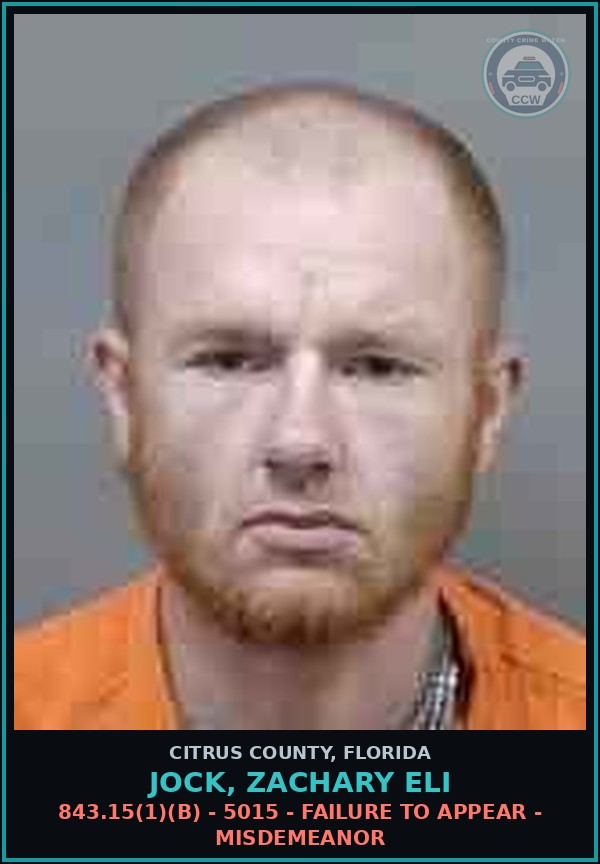 Booking mugshot of JOCK, ZACHARY ELI in Citrus County