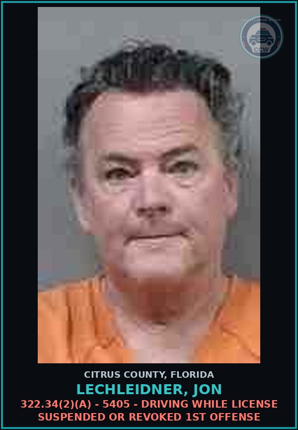 Booking mugshot of LECHLEIDNER, JON in Citrus County