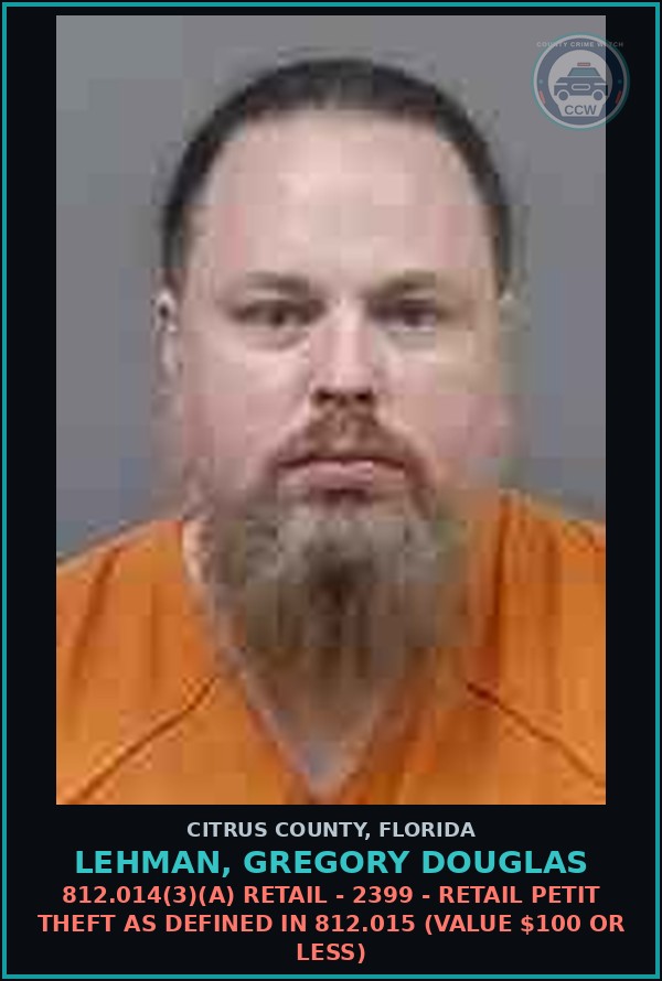 Booking mugshot of LEHMAN, GREGORY DOUGLAS in Citrus County