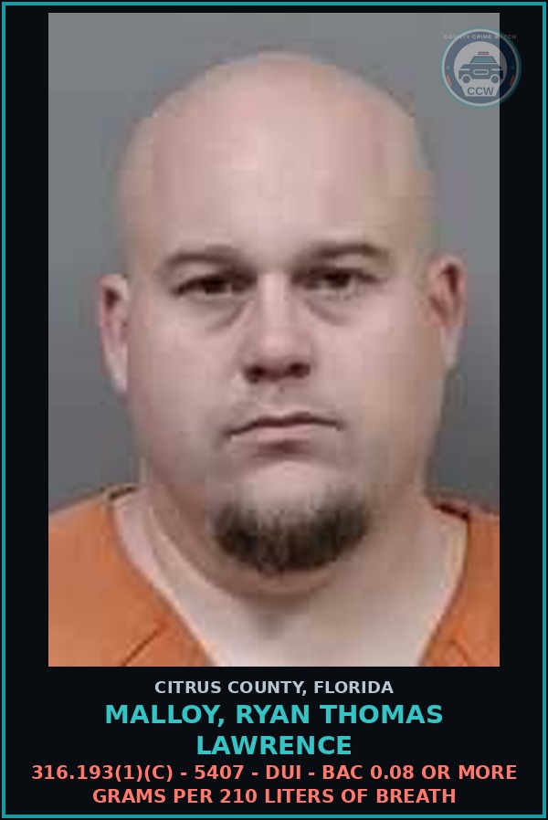 Booking mugshot of MALLOY, RYAN THOMAS LAWRENCE in Citrus County