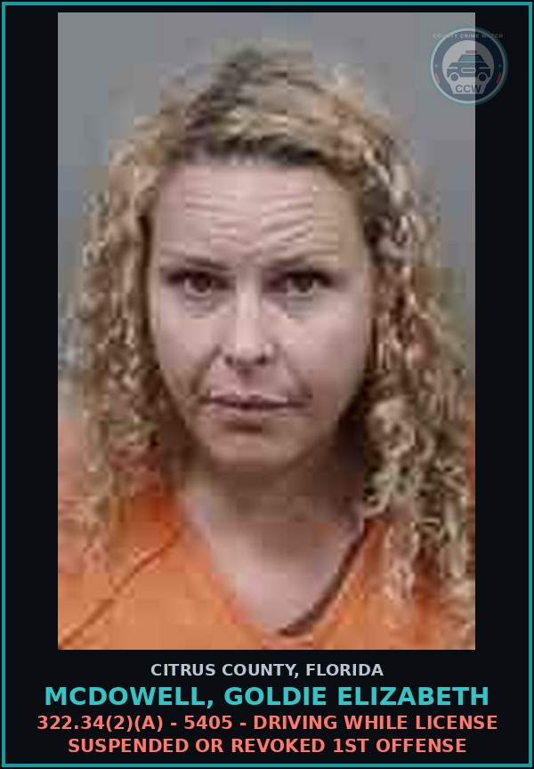 Booking mugshot of McDowell, Goldie Elizabeth in Citrus County