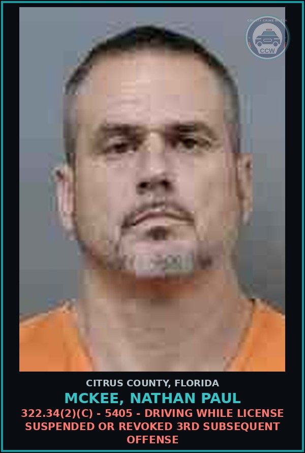 Booking mugshot of MCKEE, NATHAN PAUL in Citrus County