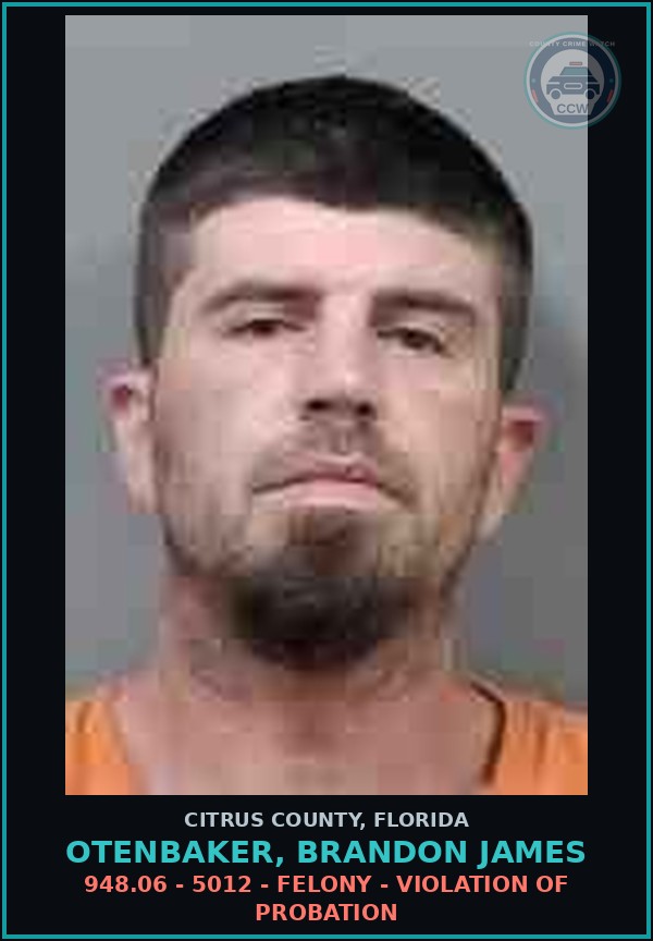 Booking mugshot of OTENBAKER, BRANDON JAMES in Citrus County