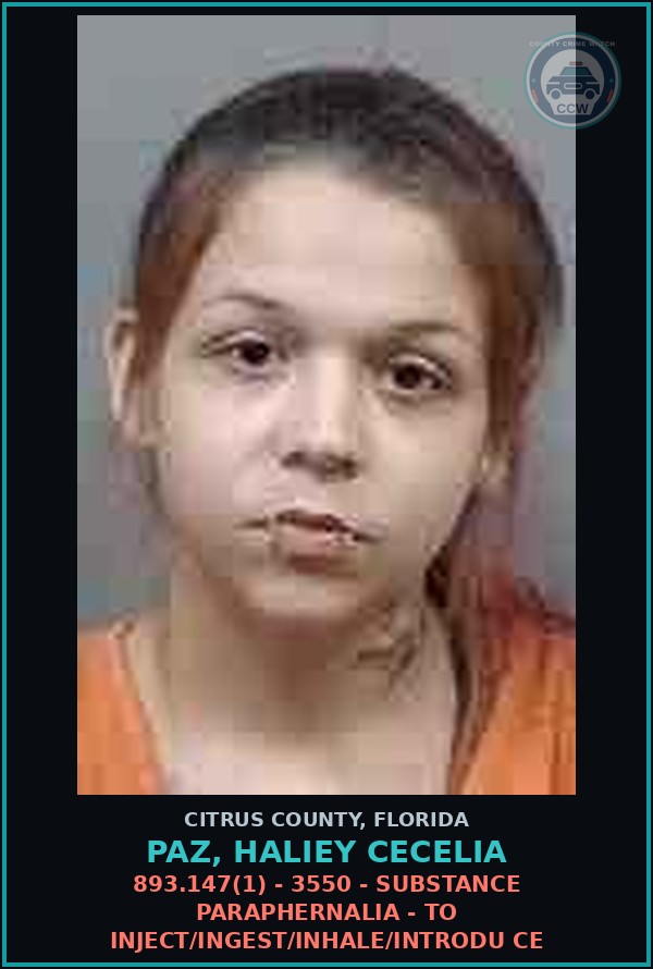 Booking mugshot of Paz, Haliey Cecelia in Citrus County