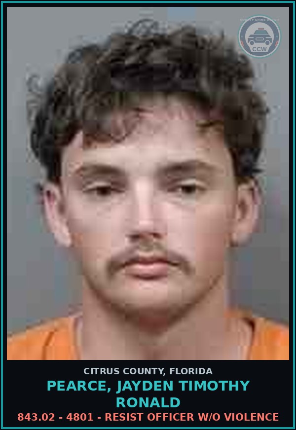 Booking mugshot of PEARCE, JAYDEN TIMOTHY RONALD in Citrus County