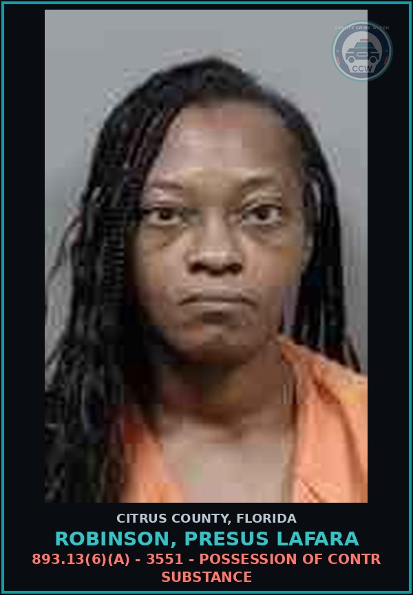 Booking mugshot of ROBINSON, PRESUS LAFARA in Citrus County