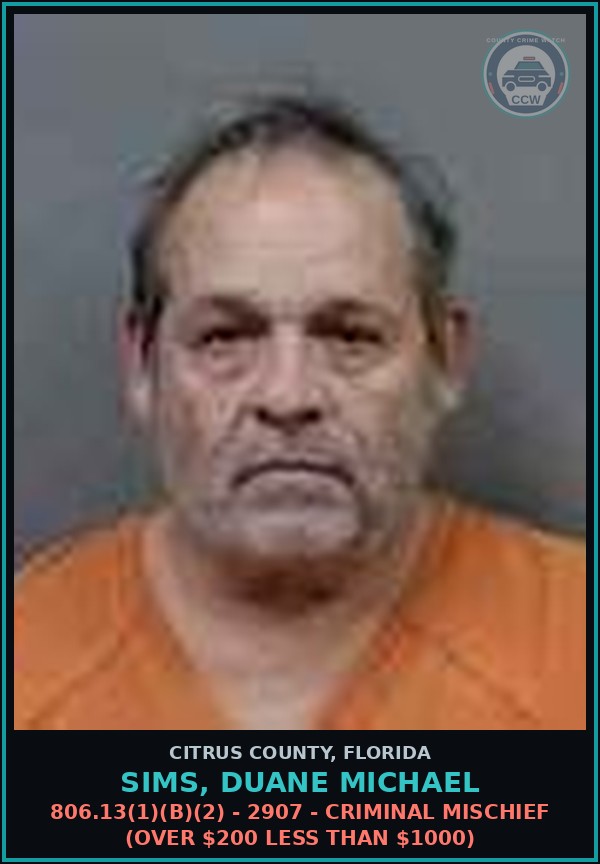 Booking mugshot of SIMS, DUANE MICHAEL in Citrus County