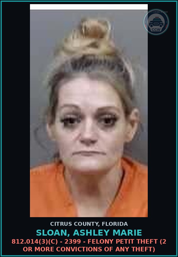 Booking mugshot of Sloan, Ashley Marie in Citrus County