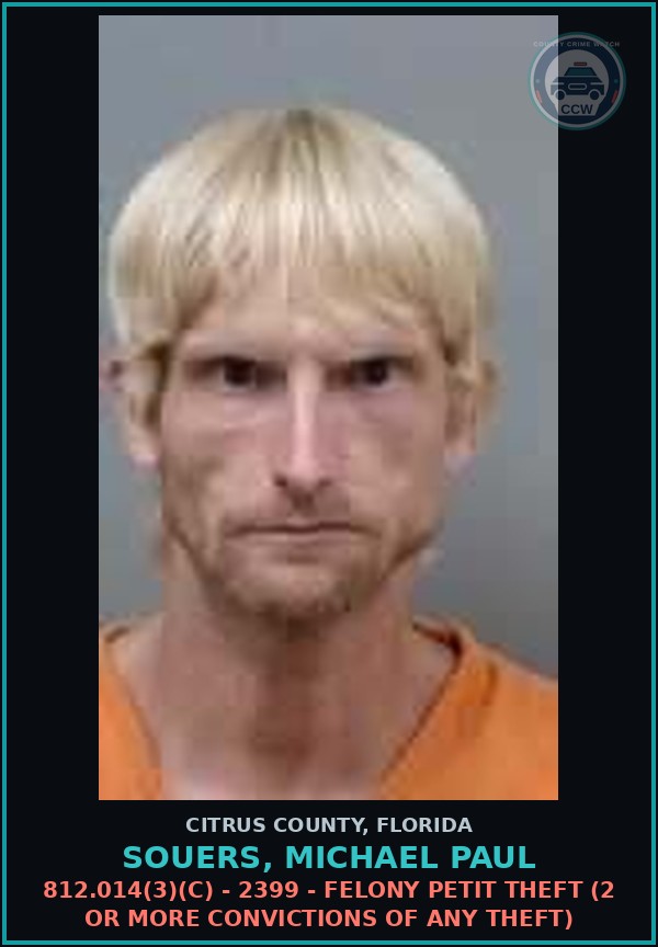 Booking mugshot of Souers, Michael Paul in Citrus County