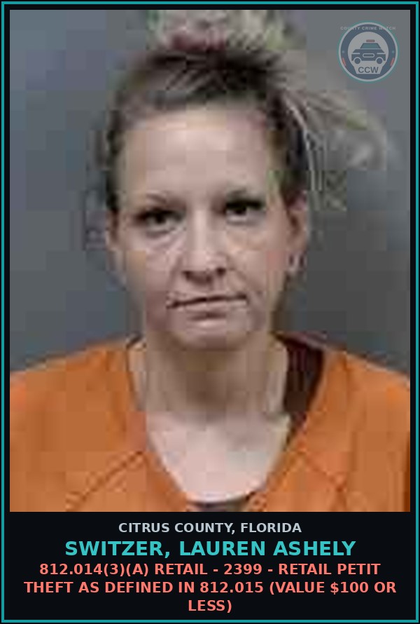 Booking mugshot of Switzer, Lauren Ashely in Citrus County
