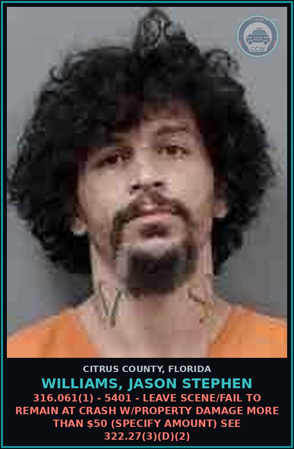 Booking mugshot of WILLIAMS, JASON STEPHEN in Citrus County