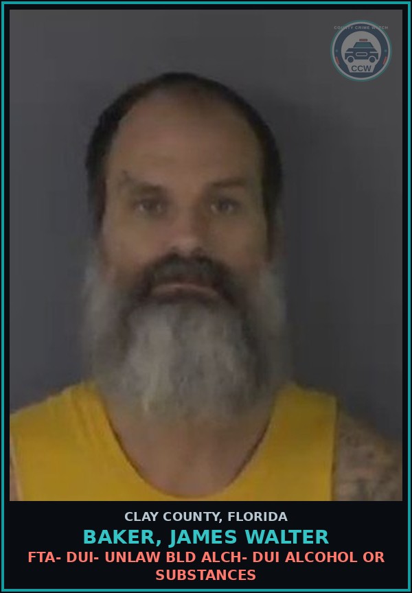 Booking mugshot of BAKER, JAMES WALTER in Clay County