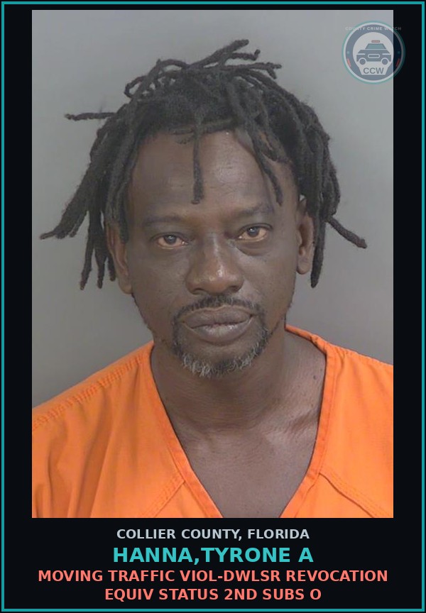 Booking mugshot of HANNA,TYRONE A in Collier County