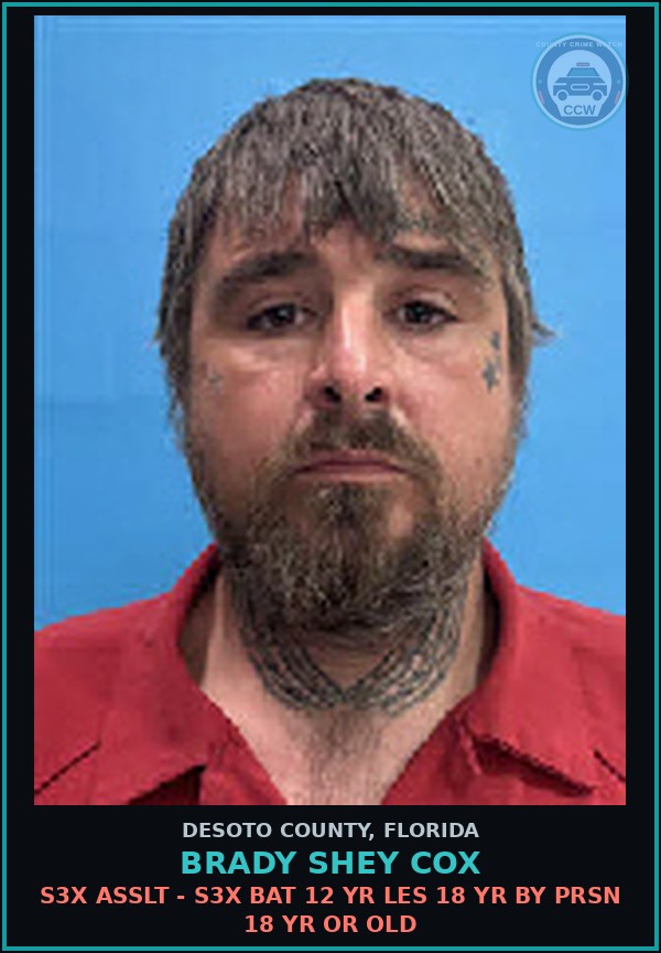 Booking mugshot of Brady Shey Cox in DeSoto County