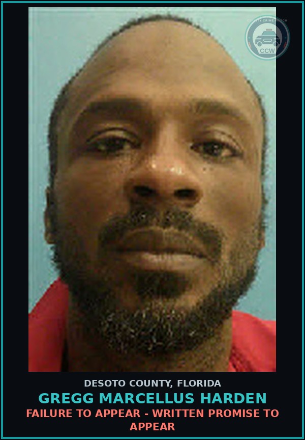 Booking mugshot of Gregg Marcellus Harden in DeSoto County
