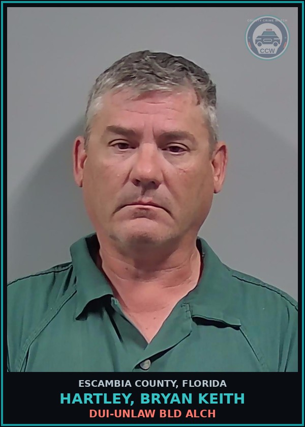 Booking mugshot of HARTLEY, BRYAN KEITH in Escambia County