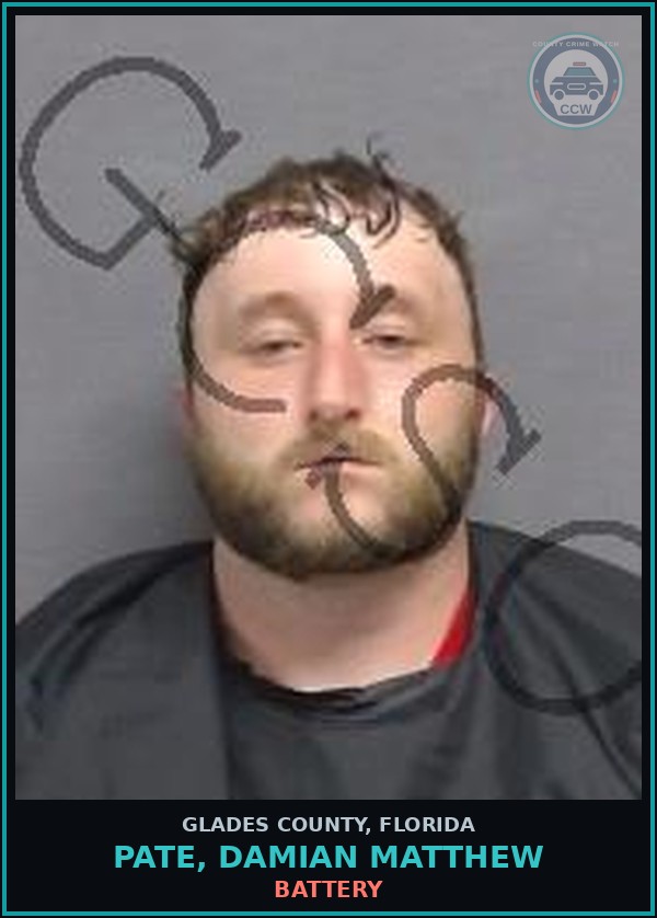 Booking mugshot of PATE, DAMIAN MATTHEW in Glades County