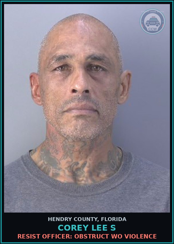 Booking mugshot of COREY LEE S in Hendry County