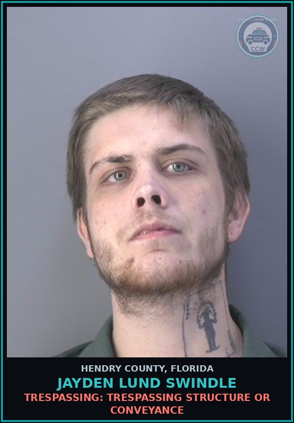 Booking mugshot of JAYDEN LUND SWINDLE in Hendry County