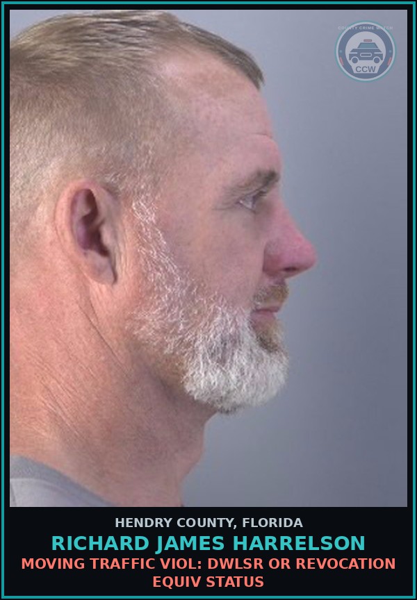 Booking mugshot of RICHARD JAMES HARRELSON in Hendry County