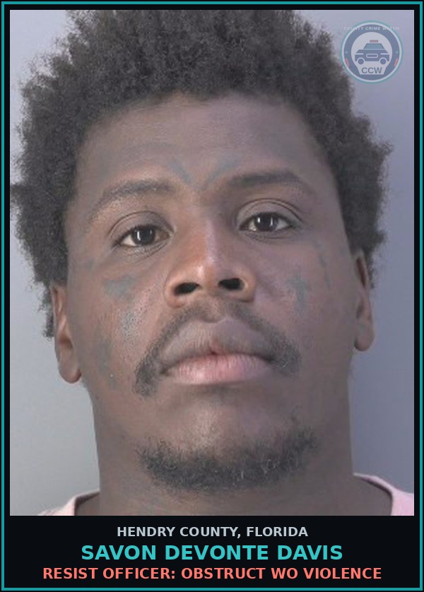 Booking mugshot of SAVON DEVONTE DAVIS in Hendry County