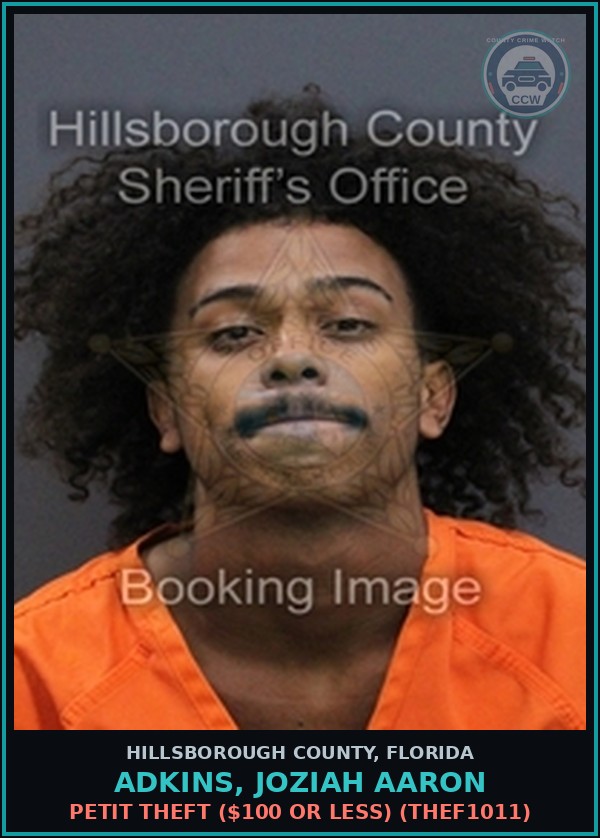 Booking mugshot of ADKINS, JOZIAH AARON in Hillsborough County
