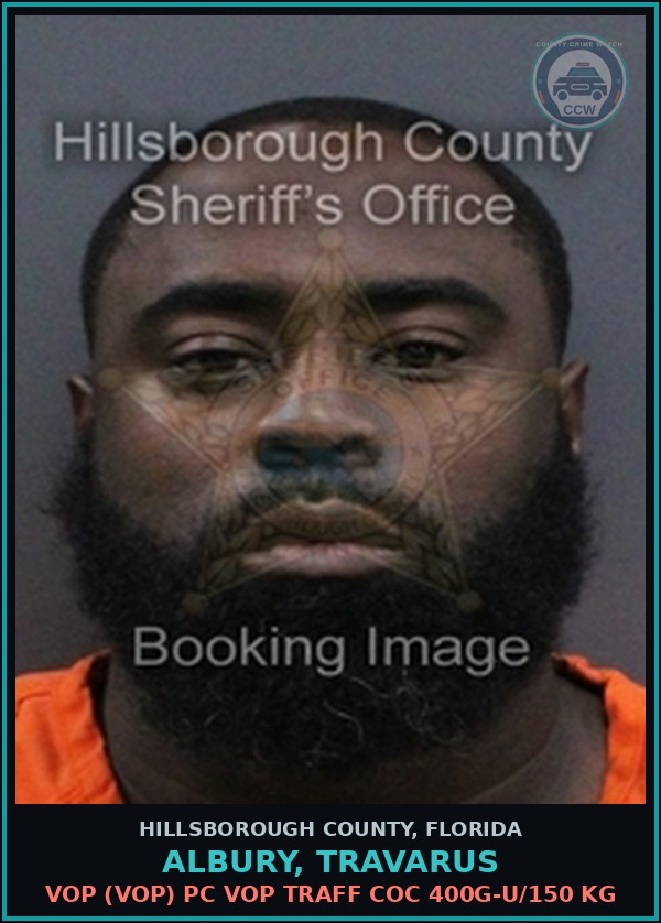 Booking mugshot of ALBURY, TRAVARUS in Hillsborough County