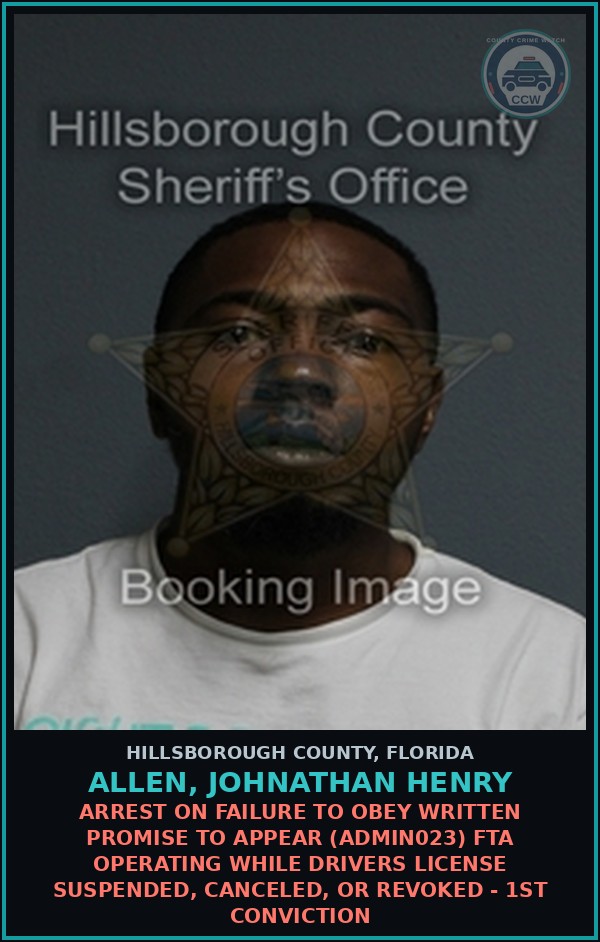 Booking mugshot of ALLEN, JOHNATHAN HENRY in Hillsborough County
