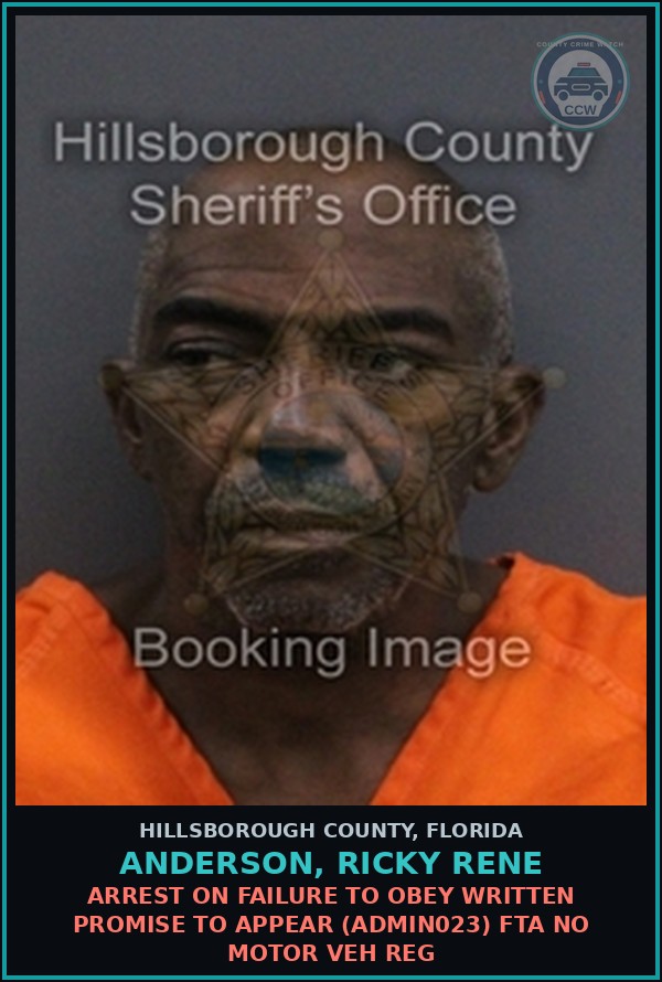 Booking mugshot of ANDERSON, RICKY RENE in Hillsborough County