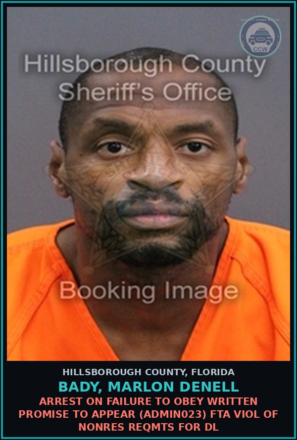 Booking mugshot of BADY, MARLON DENELL in Hillsborough County