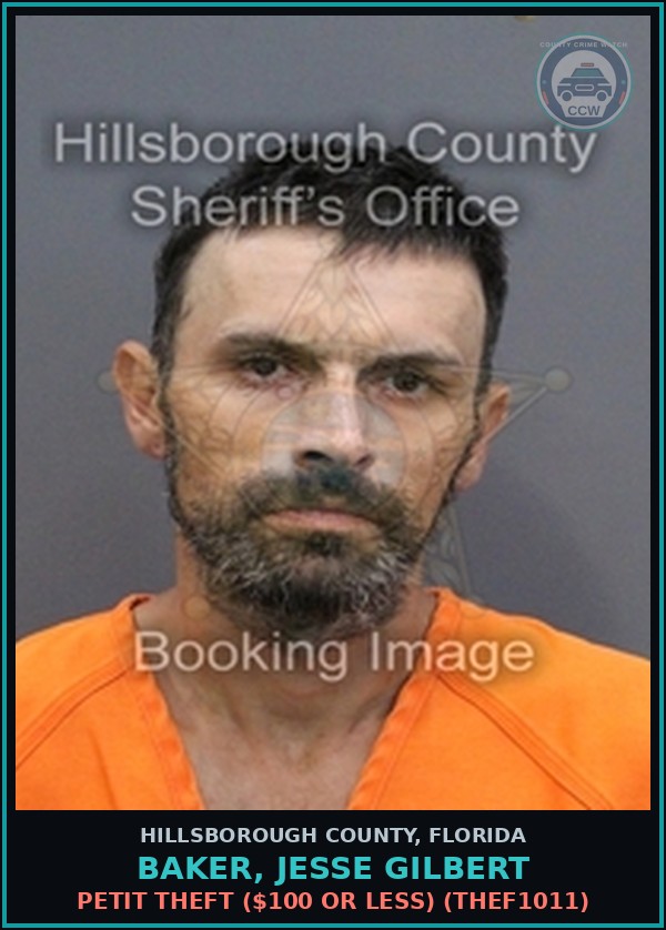 Booking mugshot of BAKER, JESSE GILBERT in Hillsborough County