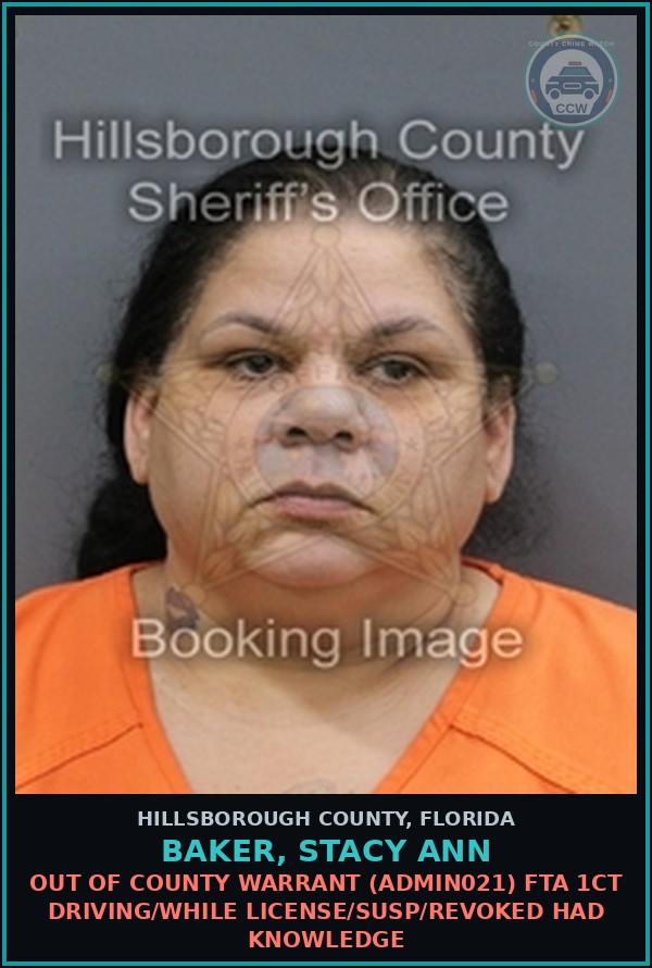 Booking mugshot of BAKER, STACY ANN in Hillsborough County