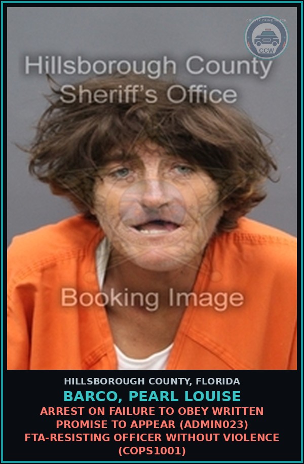 Booking mugshot of BARCO, PEARL LOUISE in Hillsborough County