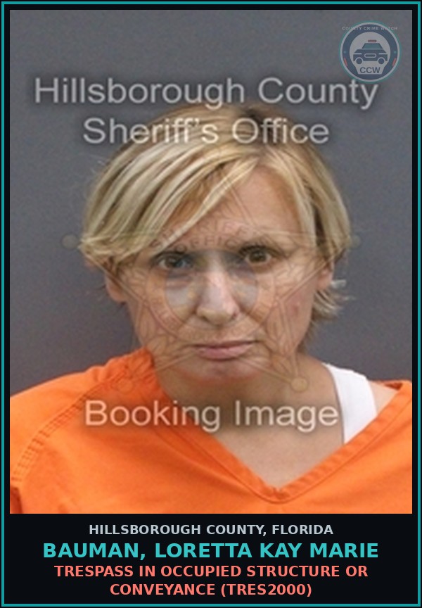 Booking mugshot of BAUMAN, LORETTA KAY MARIE in Hillsborough County