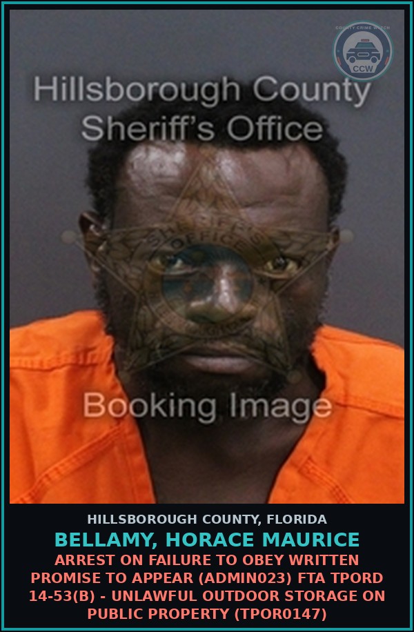 Booking mugshot of BELLAMY, HORACE MAURICE in Hillsborough County