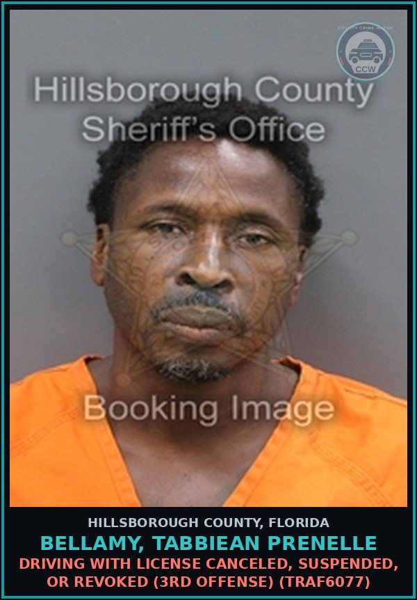 Booking mugshot of BELLAMY, TABBIEAN PRENELLE in Hillsborough County