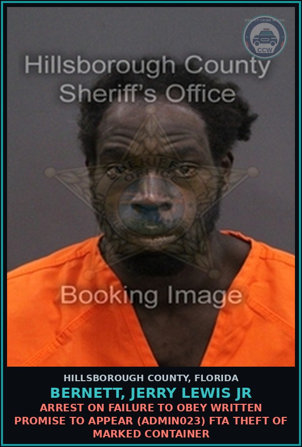 Booking mugshot of BERNETT, JERRY LEWIS JR in Hillsborough County