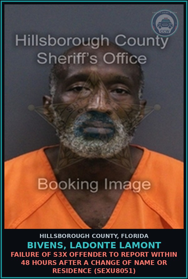 Booking mugshot of BIVENS, LADONTE LAMONT in Hillsborough County