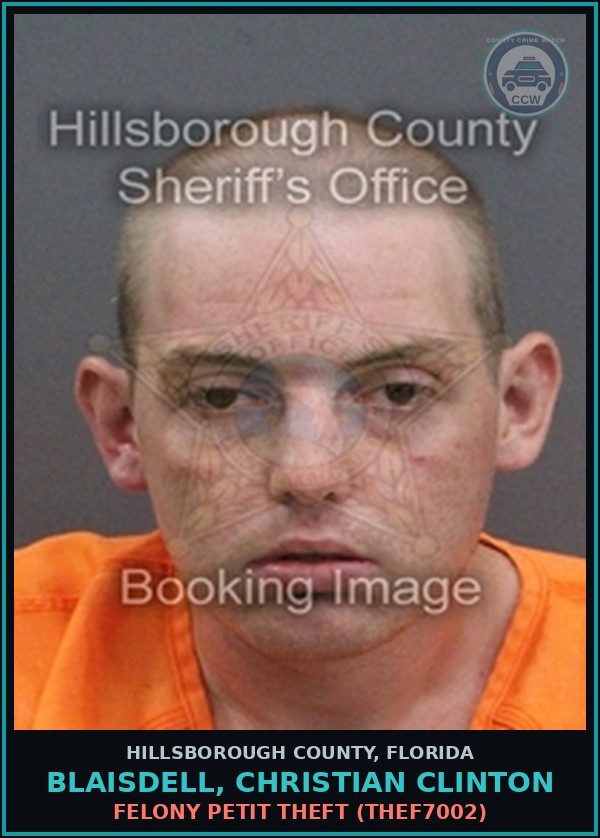 Booking mugshot of BLAISDELL, CHRISTIAN CLINTON in Hillsborough County