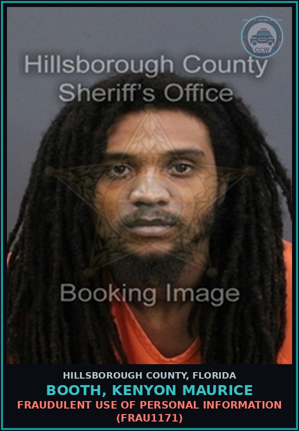 Booking mugshot of BOOTH, KENYON MAURICE in Hillsborough County