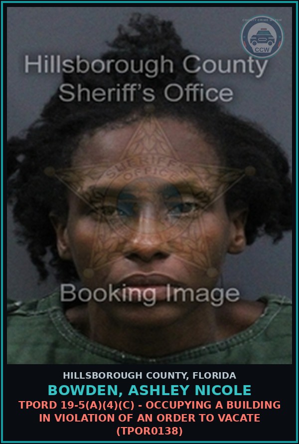 Booking mugshot of BOWDEN, ASHLEY NICOLE in Hillsborough County