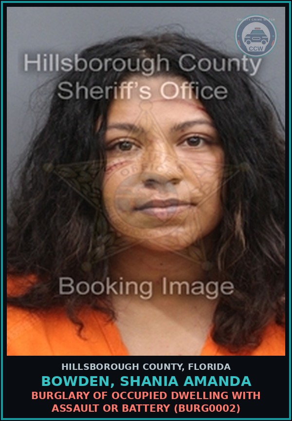 Booking mugshot of BOWDEN, SHANIA AMANDA in Hillsborough County