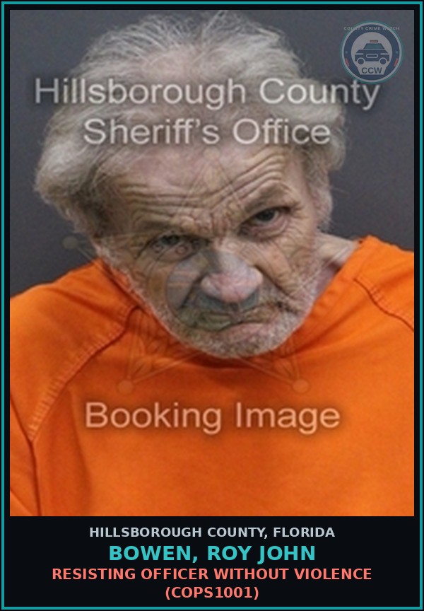 Booking mugshot of BOWEN, ROY JOHN in Hillsborough County