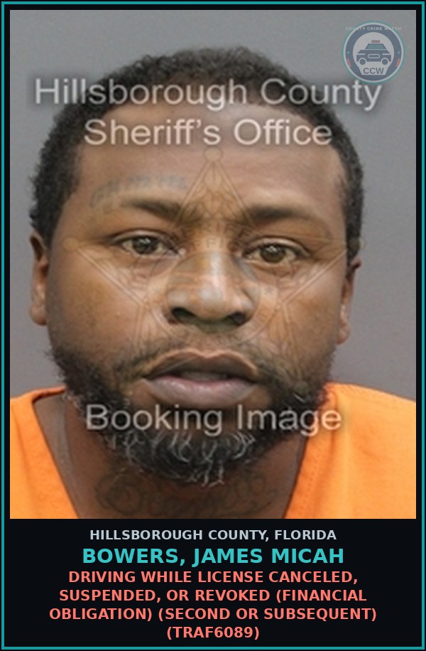 Booking mugshot of BOWERS, JAMES MICAH in Hillsborough County