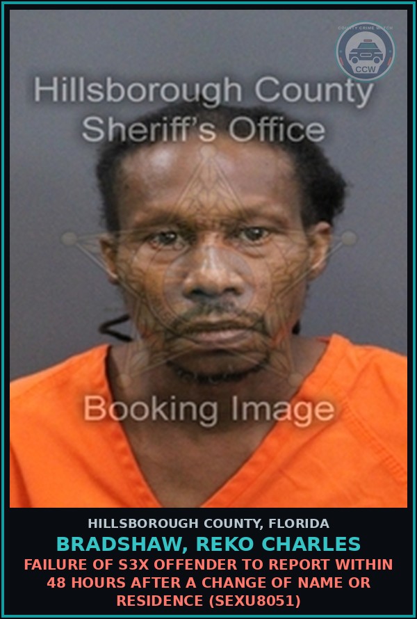 Booking mugshot of BRADSHAW, REKO CHARLES in Hillsborough County