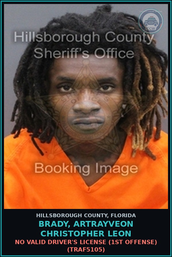 Booking mugshot of BRADY, ARTRAYVEON CHRISTOPHER LEON in Hillsborough County