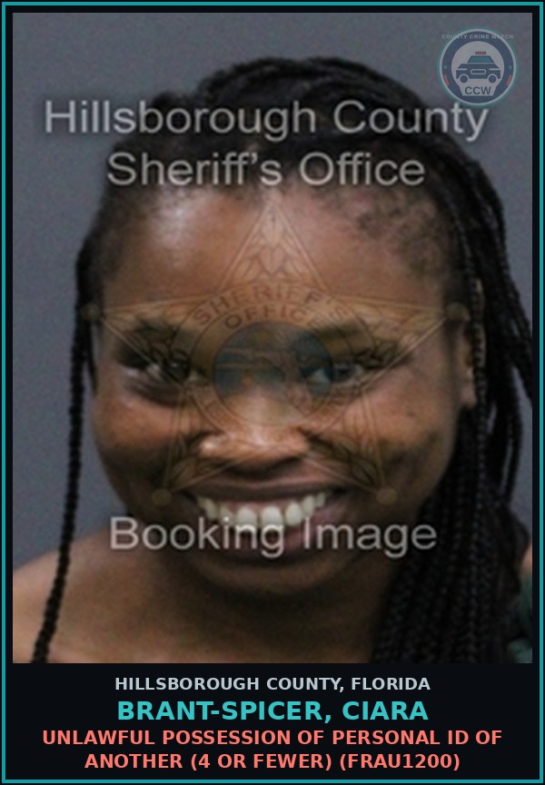 Booking mugshot of BRANT-SPICER, CIARA in Hillsborough County
