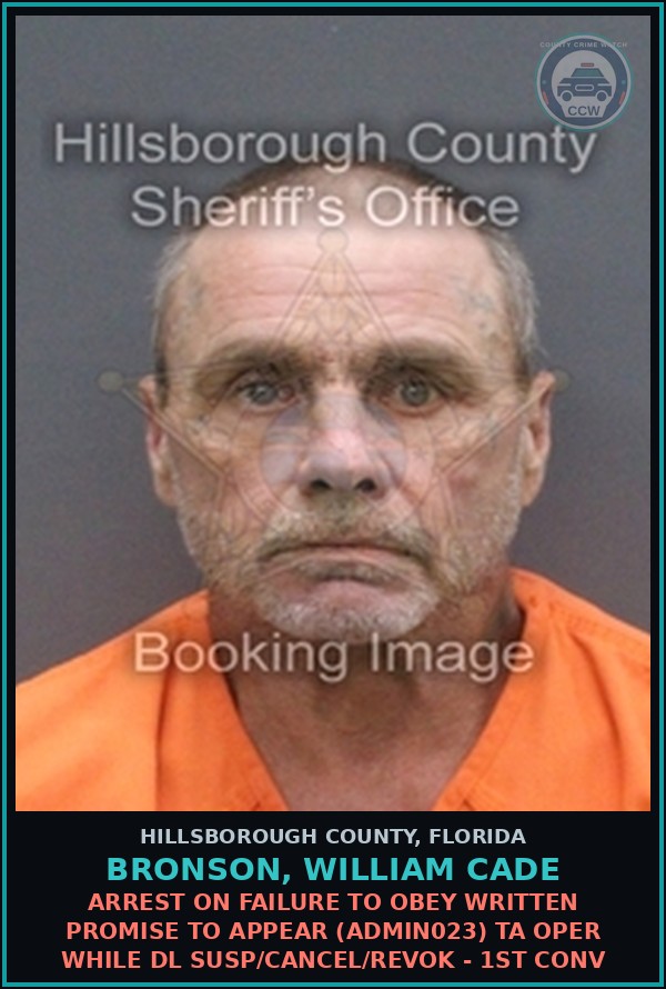 Booking mugshot of BRONSON, WILLIAM CADE in Hillsborough County