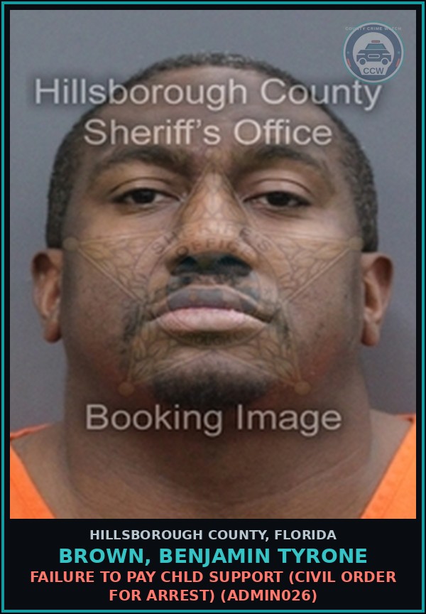 Booking mugshot of BROWN, BENJAMIN TYRONE in Hillsborough County