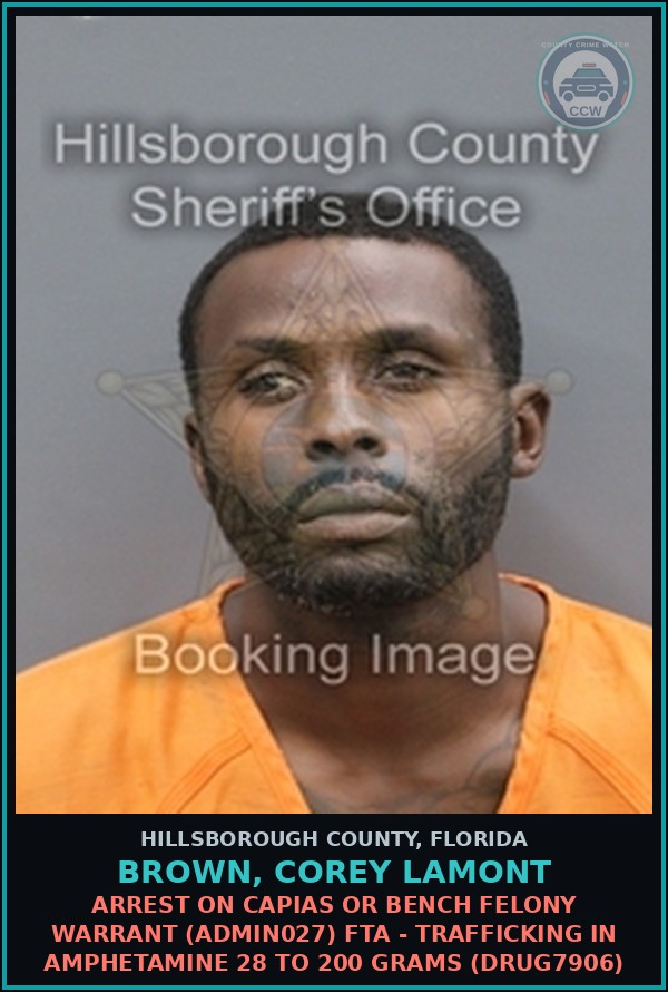Booking mugshot of BROWN, COREY LAMONT in Hillsborough County